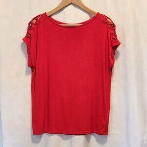 Jones New York Short Sleeve Blouse Women's M Red Lace-Up Shoulder Casual Office